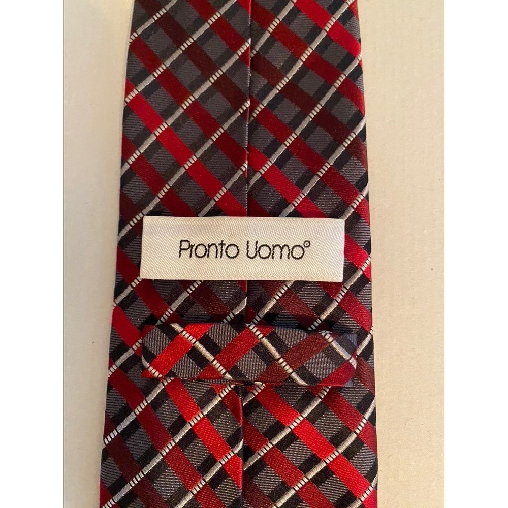 Pronto Uomo Mens Silk Necktie Red Grey Black Plaid Hand Made Formal Business Tie